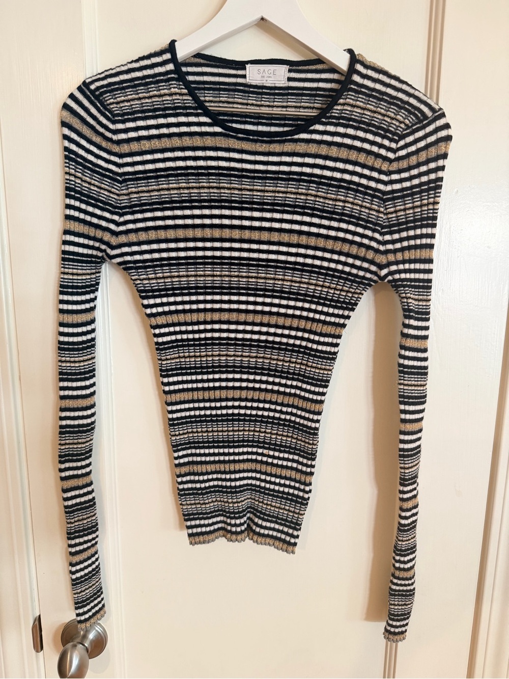 Sage The Label Ribbed Striped Long Sleeve Top - Black, White & Gold Metallic